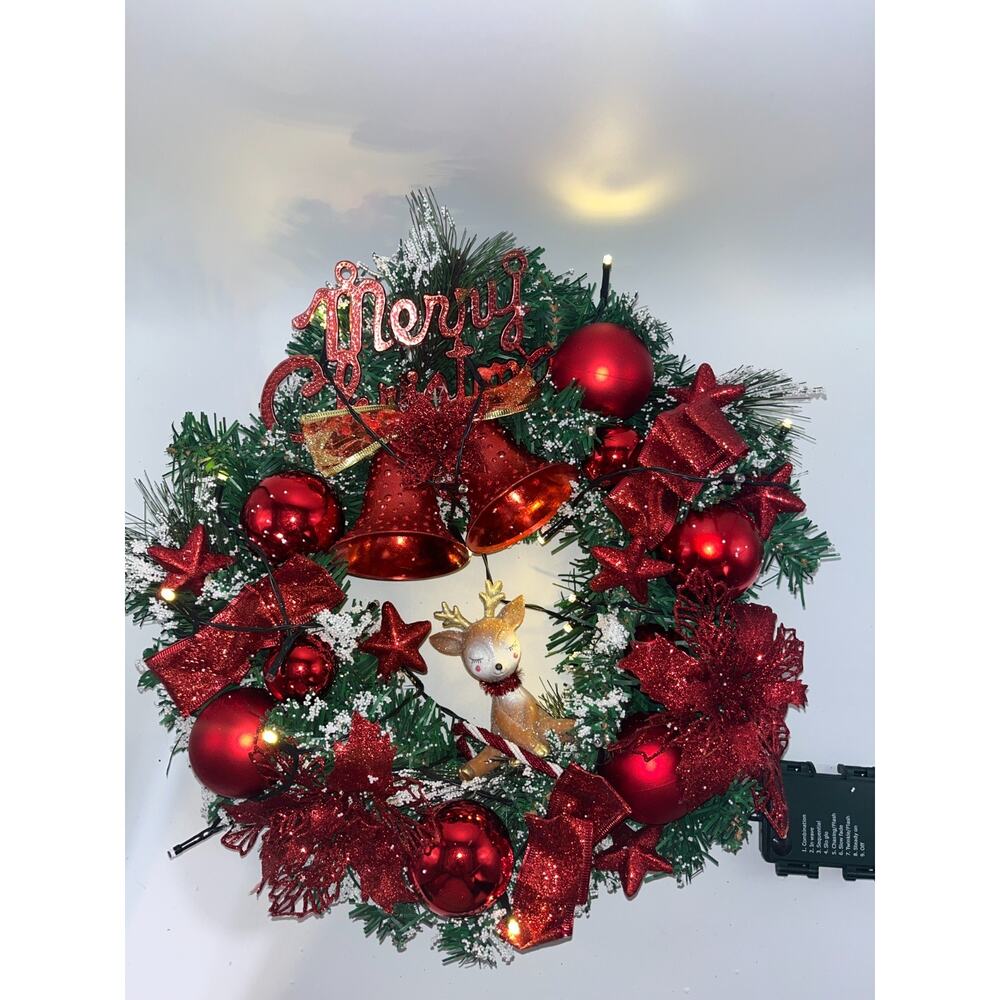 Pre Lit Merry Christmas Wreath with Twinkly Lights plus Reindeer Poinsettia Bell - Picture 5 of 16